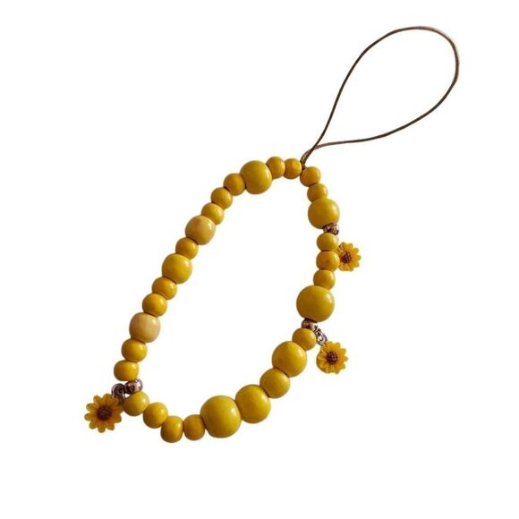 Handmade Yellow Wooden Beaded Sunflower Phone Strap - Picture 1 of 3